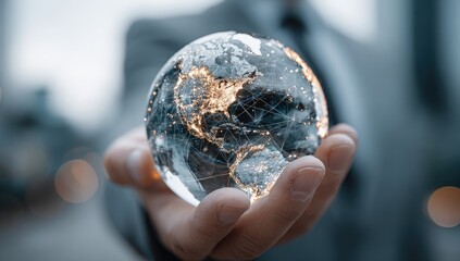 A clear glass globe, detailed with city lights and network lines, held gently in a hand