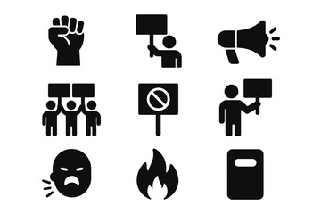 Protest and Activism Icons Set – Solid Filled Vector Symbols of Advocacy, Demonstration, Protest Signs, Raised Fist, Megaphone, Angry Face, Fire, Riot Shield with Transparent Background