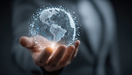 A hand holds a digital globe.  Projected world map