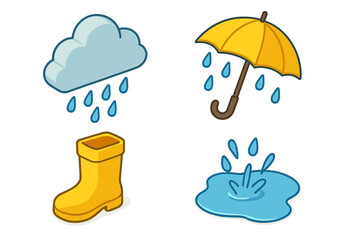 Rain Icon Collection, Isometric Flat Design Set with Light Rain Sprinkles, Cloud Drizzle, Yellow Umbrella, Waterproof Rain Boot, Splashing Puddle, Vector Cartoon Illustration