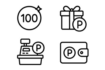Reward points icons set, outline style with redemption points, balance check, gift redemption, checkout counter, digital wallet, vector cartoon illustration, customer loyalty design