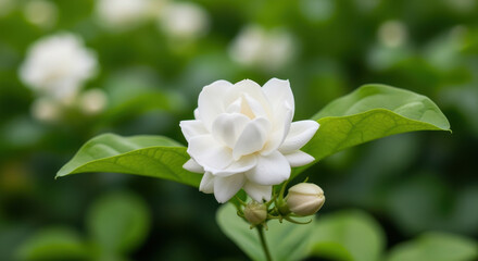 Fototapeta premium Jasmine flower in the garden: A close-up of a single delicate jasmine flower, showcasing its pristine white petals and vibrant green foliage, exudes a sense of tranquility and natural elegance.