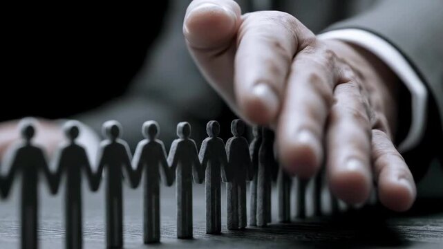 A business professional's hand reaching over a row of miniature figures symbolizing control and leadership