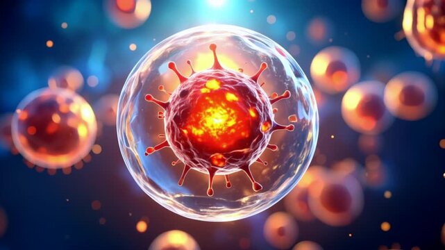 3D Animation of Microscopic View of Cancer Stem Cell, Tumor, or Virus Multiplying Inside Body. Medical Illustration.