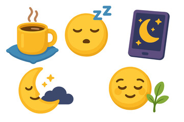 Cozy nighttime relaxation emoji set. Sleepy face, sleeping moon, hot drink and phone icon collection. Vector concept for bedtime routine, serenity, good night, and rest.