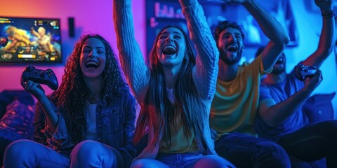Fototapeta premium A group of friends in a gaming room, cheering while playing a console game