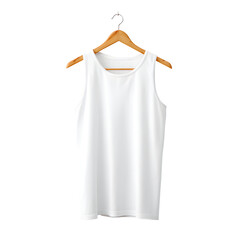 Simple white tank top mockup on wooden hanger against a black background