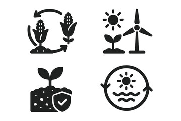 Sustainable agriculture icons set, solid filled vector illustration of crop rotation, soil health, renewable energy, and eco-friendly farming symbols for green environment design