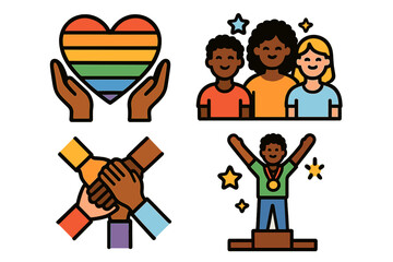 Set of icons celebrating diversity, inclusion, community. Teamwork, unity with different races. LGBTQ pride with rainbow heart. Success, achievement, accomplishment vector.