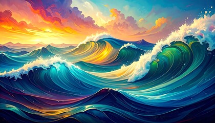 Colorful Ocean Waves at Sunset.