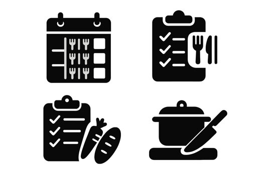 Meal planning solid icon set. Weekly food planner calendar, diet schedule checklist, grocery shopping list, cooking and food prep vector glyphs for healthy lifestyle.