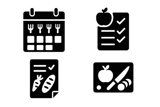 Meal planning solid icon set. Vector glyph icons of weekly food calendar, diet checklist, grocery shopping list, and meal prep cutting board. Nutrition and healthy eating. - Powered by Adobe