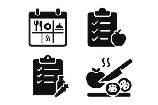 Meal planning vector icon set. Weekly calendar schedule, diet food checklist, grocery shopping list, and cooking preparation. Healthy lifestyle, nutrition, and wellness concept.