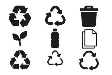 Recycling vector icons set. Solid glyph symbols for waste sorting and management. Eco friendly concept with recycle arrows, trash bin, plastic bottle, paper, and compost sign.