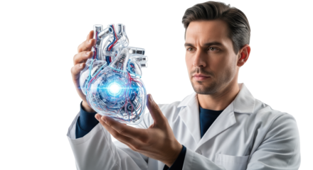 Scientist in a White Lab Coat Examines a Futuristic Transparent Heart Model with Glowing Blue Core in a Medical Research Setting
