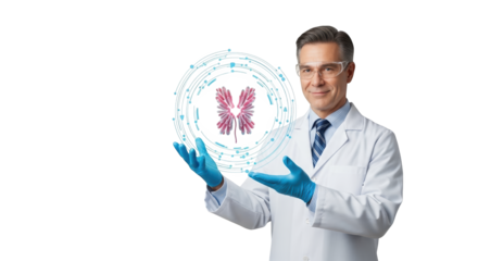 Scientist Holding Futuristic Holographic Display of Biological Organ Representation with Digital Network Overlay
