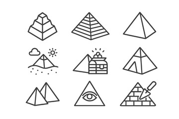 Pyramid icon set vector collection. Ancient Egypt, Giza, Mayan, Aztec landmarks. Pharaoh's tomb, desert treasure, Eye of Providence, Illuminati symbol. Line art illustration.