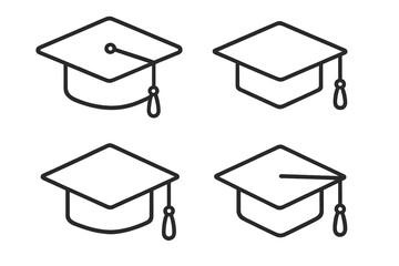 Graduation cap vector icon set. Academic mortarboard outline symbols. Simple linear illustration for education, university, college. Student degree, knowledge, learning concept.