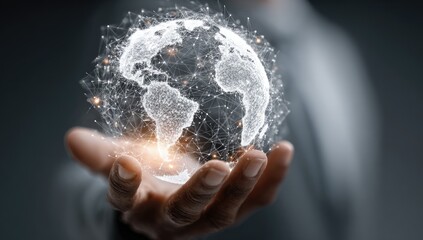 A hand holds a digital representation of Earth, connected by a network of lines