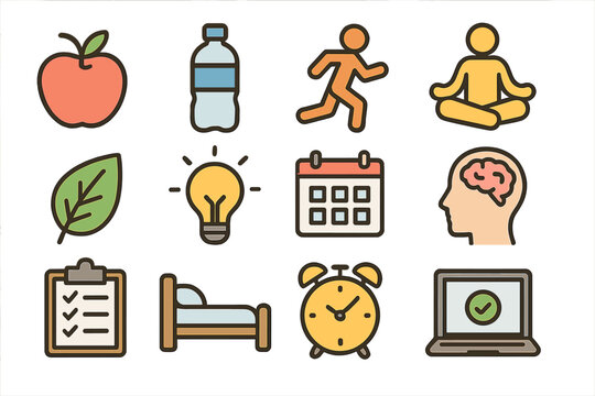 Healthy lifestyle and work-life balance icon set. Wellness, productivity, and daily routine symbols. Vector icons for fitness, diet, sleep, meditation, and mental health.