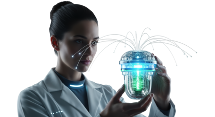 Futuristic Scientist Examines Glowing Acorn Shaped Device Emitting Digital Data Streams