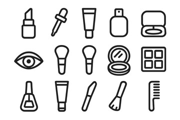 Beauty cosmetics line icon set. Makeup and skincare outline vector symbols. Lipstick, brush, nail polish, powder, eyeshadow. Minimalist linear pictogram collection for web.