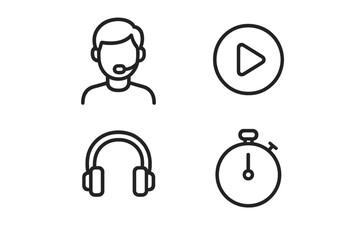 Fototapeta premium Guided meditation line icon set. Narrator, play button, headphones, timer symbols. Vector outline icons for audio guide, podcast, mindfulness app, and customer support.