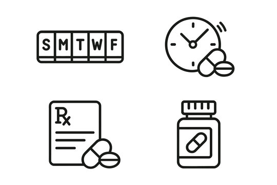 Medication management tools line icon set. Weekly pill organizer, reminder clock, prescription Rx, and medicine bottle. Healthcare and pharmacy vector symbols for treatment.
