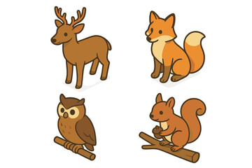 Isometric Wildlife Icons Set of Forest Animals Including Deer, Fox, Owl Perched on Branch, Squirrel Holding Acorn, Bear Vector Cartoon Illustrations Collection