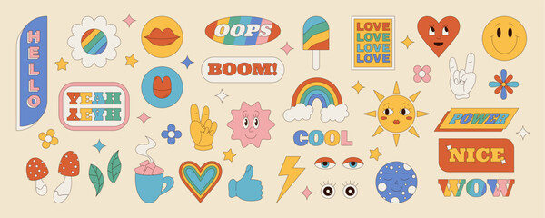 Groovy retro funky cartoon sticker set with colorful emoji, rainbow, heart and groovy element. Doodle art with bold yellow accent. Vibrant y2k pack, playful style for trendy sticker needs.