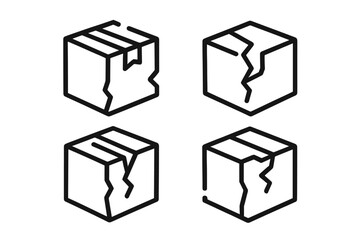 Broken box icon set. Damaged package and fragile parcel concept. Vector line art for logistics, shipping problem, delivery error, or return. Modern outline symbols.