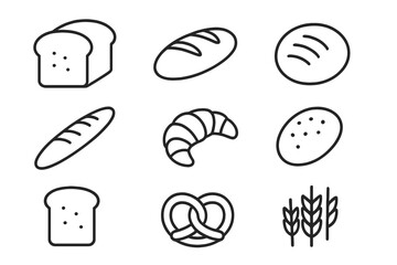 Bread and bakery line icon set. Vector symbols for food, pastry, baking. Loaf, toast, croissant, baguette, pretzel, wheat. Minimalistic linear pictogram for graphic design.