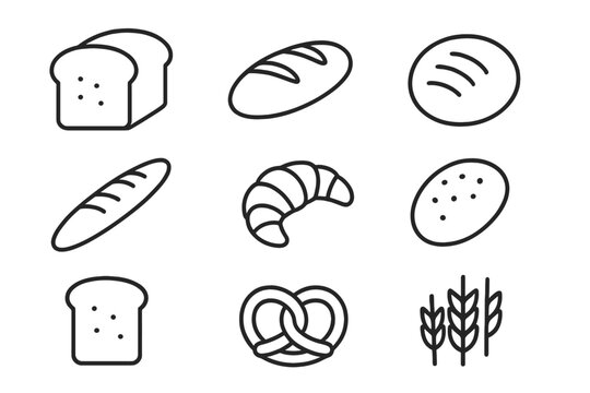 Bread and bakery line icon set. Vector symbols for food, pastry, baking. Loaf, toast, croissant, baguette, pretzel, wheat. Minimalistic linear pictogram for graphic design.