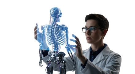 Medical Professional Examining a Futuristic Holographic Human Skeleton Model for Scientific Research and Advanced Healthcare Diagnosis