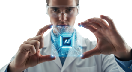 Scientist Holding Futuristic AI Chip with Glowing Circuitry and Advanced Technology Symbolizing Artificial Intelligence Innovation