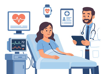 Doctor consulting female patient in hospital bed. Healthcare technology with vital signs monitor, EKG, and digital tablet. Medical examination and modern patient care concept.