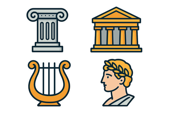 Set of ancient Greece and Rome icons. Vector collection of classical culture symbols: temple, column, lyre, and emperor. History and mythology concept illustration.