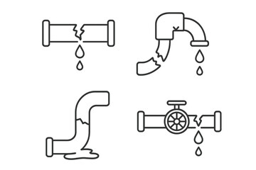 Broken pipe icon set. Plumbing water leak and pipeline damage concept. Vector line art illustration of a burst pipe with water drip, crack, and leaking valve. Home repair.