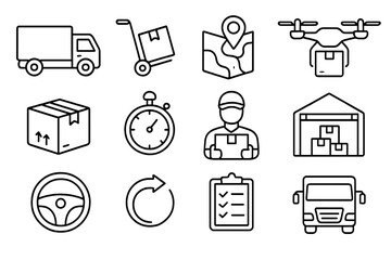 Logistics and delivery service line icon set. Shipping, transport, e-commerce symbols. Vector collection truck, drone, warehouse, courier for web, apps, ux, ui design.