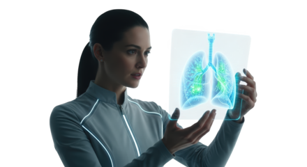Medical Professional Examines Futuristic Holographic Display of Healthy Human Lungs Showing Advanced Respiratory System Visualization Technology