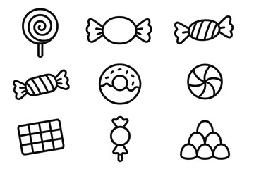 Candy and sweets icon set. Simple line art collection for dessert and sugar concepts. Vector illustration of lollipop, chocolate bar, donut, bonbon. Editable stroke.