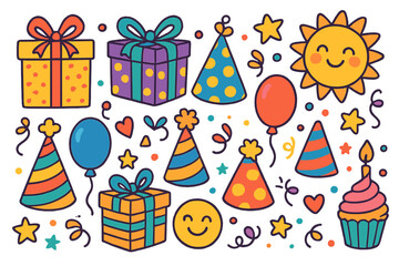 Cartoon celebration party icon set. Vector doodle elements for birthday design. Cheerful collection with gift box, balloon, party hat, cupcake, sun, and festive icons.