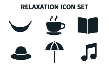 Relaxation solid glyph icon set. Leisure, vacation, and well-being symbols. Stress relief concept with hammock, coffee, book, hat, beach umbrella, and music pictograms.