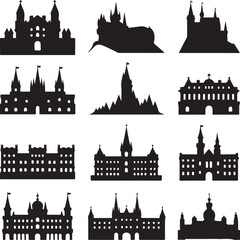 Fototapeta premium Collection of black and white castle and palace silhouettes architecture building