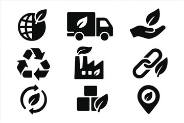 Sustainable supply chain icons, solid filled vector set of eco-friendly logistics, green transport truck, recycling symbols, factory, cycle, packaging, and environmental care illustrations