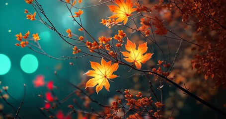 Stirring breeze quivering orange maple leaves and buds on branches in woodland, with drifting bokeh - Powered by Adobe