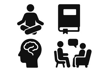 Mental wellness solid icons set. Self-care tools like meditation, journaling, and therapy session. Psychology and mental health concept. Brain, mind, and wellbeing pictogram.