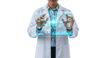 Scientist Engaged with Advanced Futuristic Holographic Display Showing Complex Data Analysis and Scientific Research Visualization