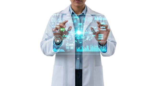 Scientist Engaged with Advanced Futuristic Holographic Display Showing Complex Data Analysis and Scientific Research Visualization - Powered by Adobe