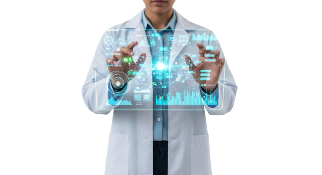 Scientist Engaged with Advanced Futuristic Holographic Display Showing Complex Data Analysis and Scientific Research Visualization